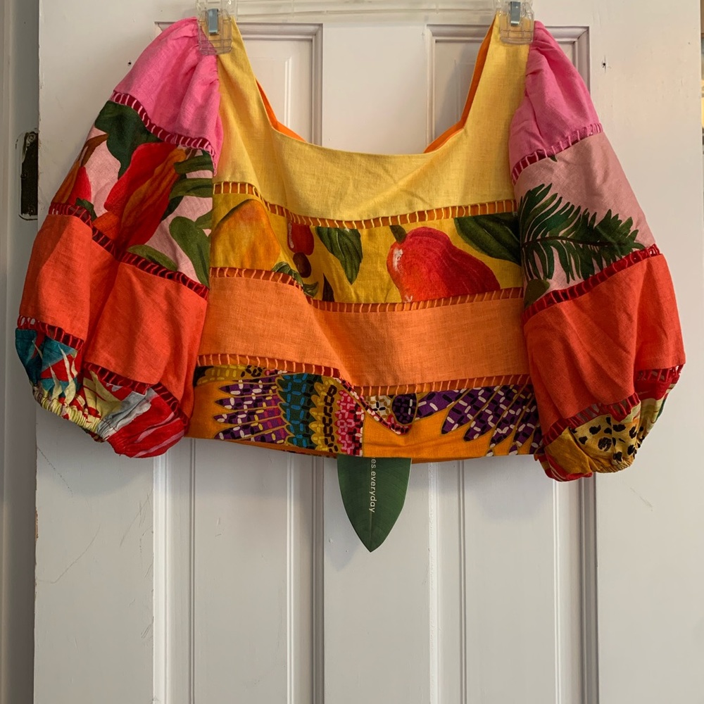 Rainbow Mixed Print Tiered Linen Blend Top In Mix Print - Picture 5 of 5